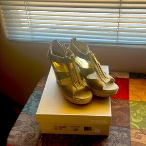 Michael Kors Gold Wedge Sandals with Strappy Design